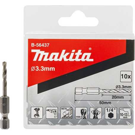 Brocas Remaches 3.3x50 TOMA 1/4" HEX MZ 10PZS B-56437 Makita