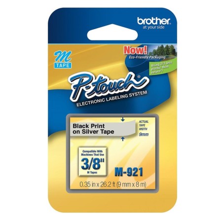 Cinta para Rotuladora Brother M921 Negro sobre Plateado 9 mm (3/8”) Original Cintas Rotuladoras