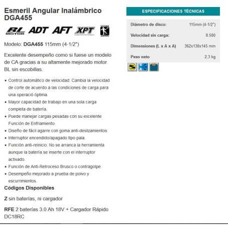 Esmeril Angular 4-1/2" inalambrico MAKITA DGA455Z