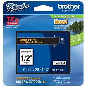 Cinta Brother TZe-334 Dorado sobre Negro 12 mm Tecnologia
