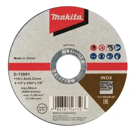 Disco de Corte Makita 4-1/2” x 1,0 mm para Acero Inoxidable D-72001 Disco corte Metal