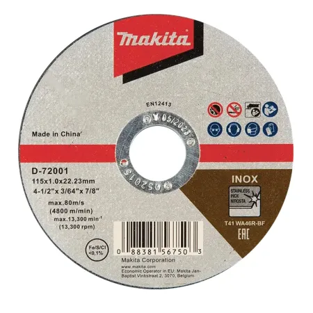 Disco de Corte Makita 4-1/2” x 1,0 mm para Acero Inoxidable D-72001 Disco corte Metal