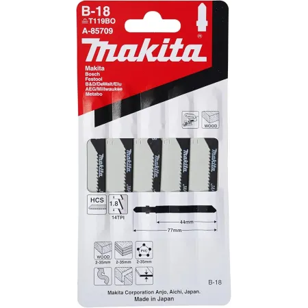 Set 5 Hojas de Caladora Makita B-18 14 TPI x 45 mm para Madera y Plástico (Cortes Curvos) A-85709 Accesorios de herramienta
