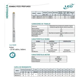 BOMBA POZO PROFUNDO LEO 4XRm4/10-0.75 + 20M CABLE